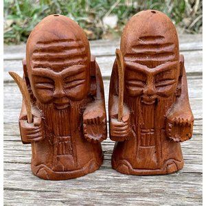 Vintage Carved Wood Asian Man with cane Salt and Pepper shakers